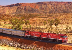 The Ghan travelling through australian landscape
