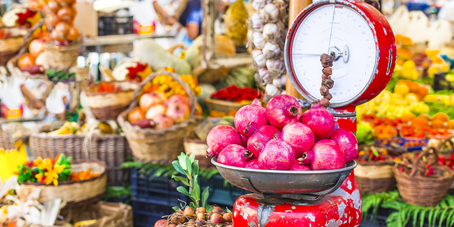 Fruit market with old scales