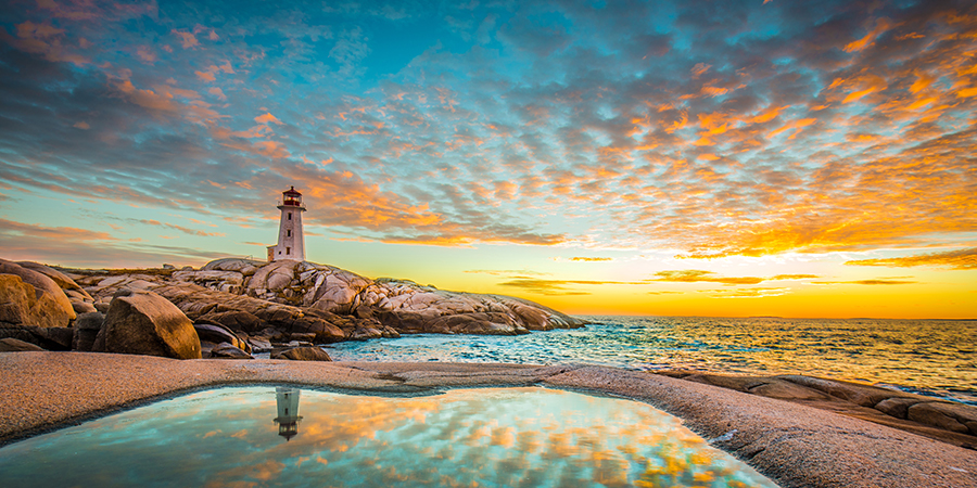 Peggy's cove lighthouse sunset ocean view landscape in Halifax