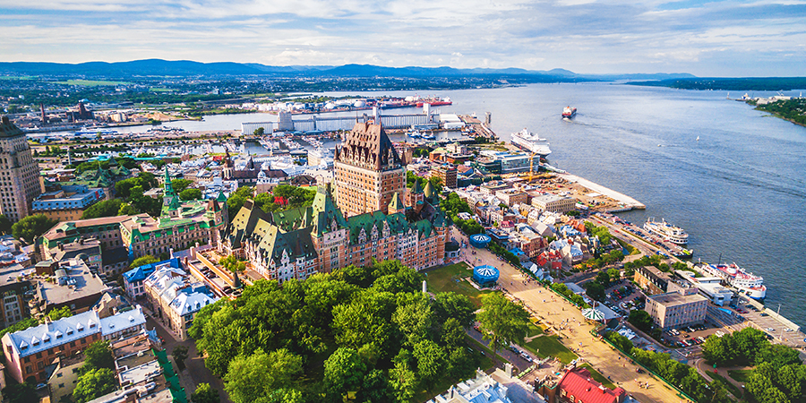 Aerial view of Chateau Frontenac hotel and Old Port in Quebec City