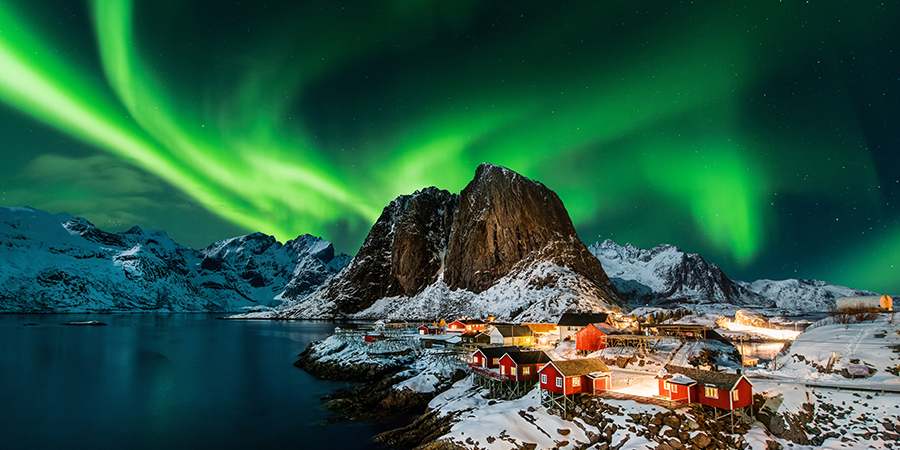 Aurora borealis over Hamnoy in Norway