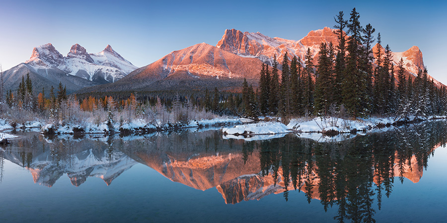 Three Sisters And The Bow River From Canmore Near Banff National Park 