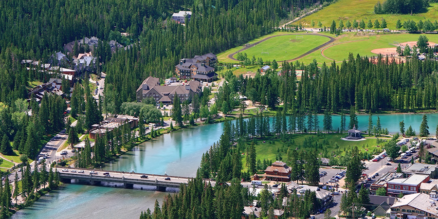 Bow River Valley In The Center Of Banff City