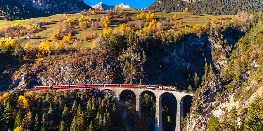 Rhaetian Railway Running On Landwasser Viaduct