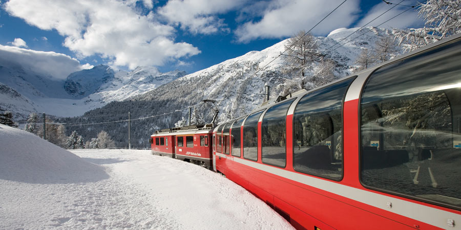 Journey on Bernina Express to Poschiavo and St Moritz