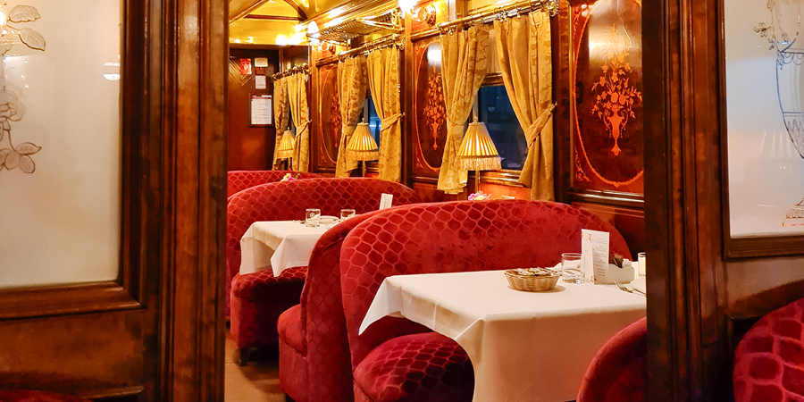 The elegant dining car of the Al Andalus is beautifully decorated.