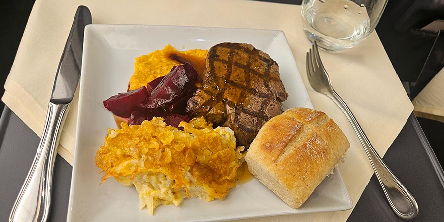 Dave’s meal of beef tenderloin with Utah celebration potatoes and beetroot. 
